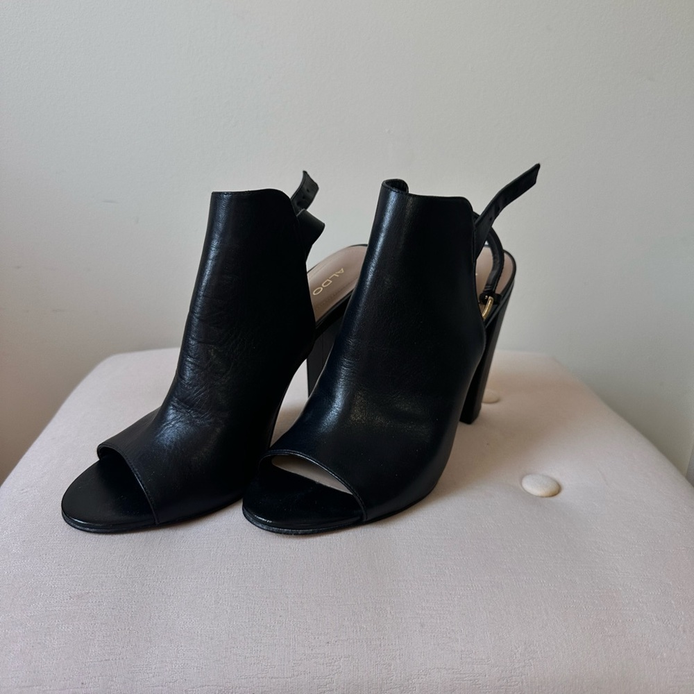 Aldo Black Heeled Boots with Textured Leather and Peep-Toe